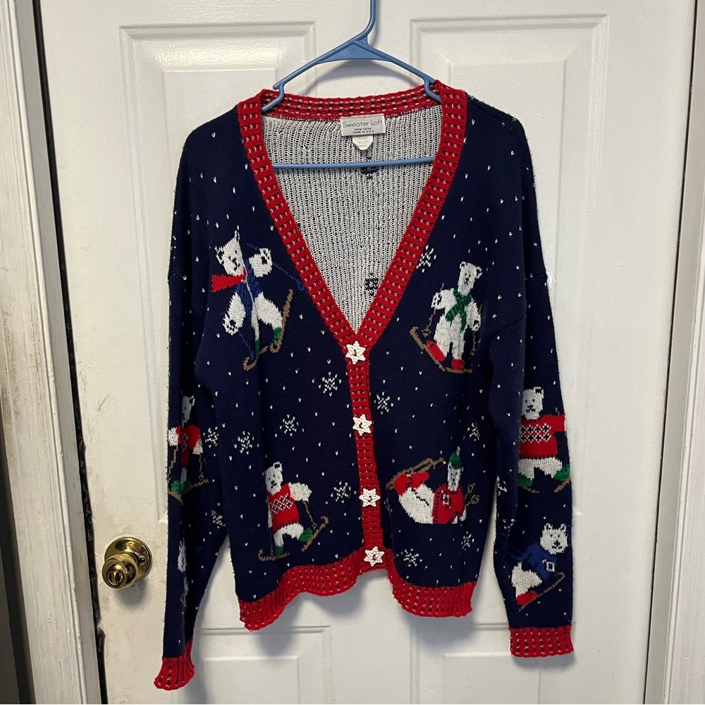 Vintage Sweater Loft Festive Navy and Red Cardigan with a snowy  Design